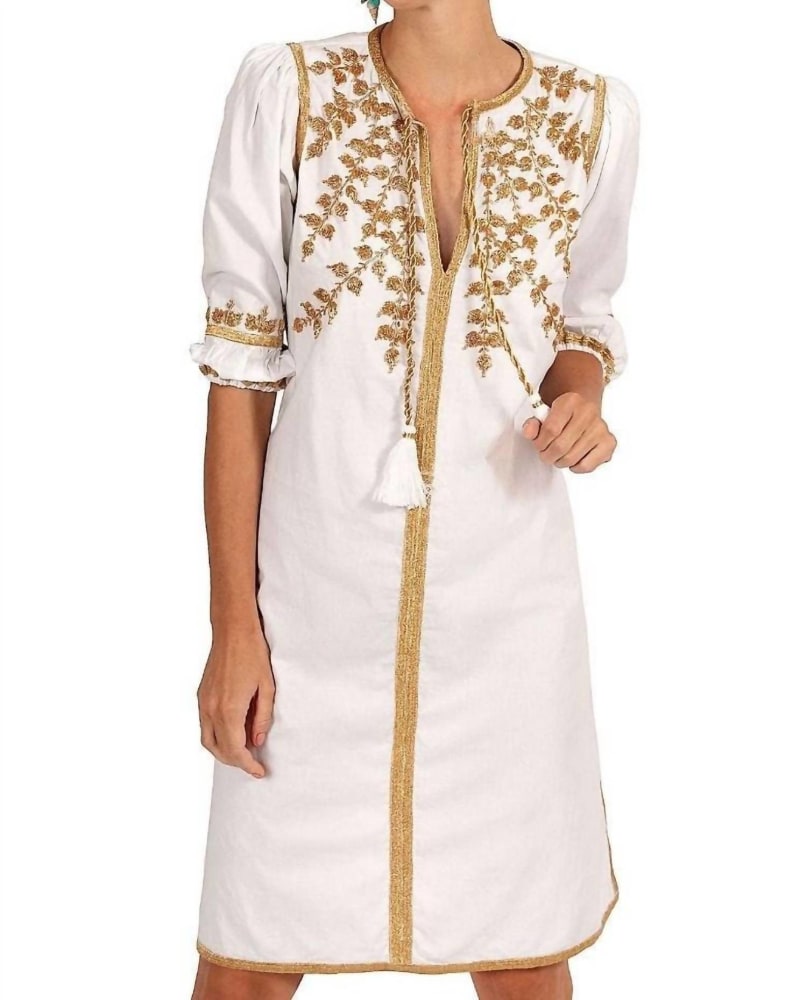 Front of a model wearing a size Large Hand Embroidered Cotton Cleopatra Dress in White/Gold in White/Gold by GRETCHEN SCOTT. | dia_product_style_image_id:337421